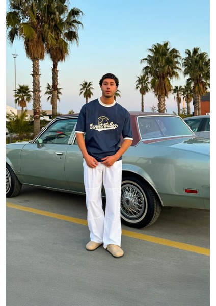 Sunset Valley Baskılı Indigo Oversize Tişört fırsatları