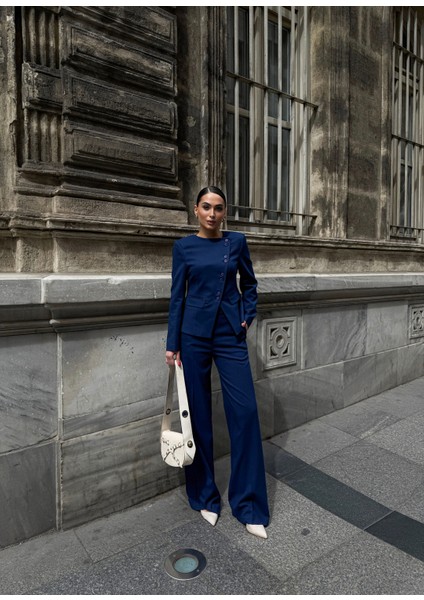 Kadın Poliviskon Asimetrik Düğmeli Vatkalı Ceket Pantolon Takım fırsatları
