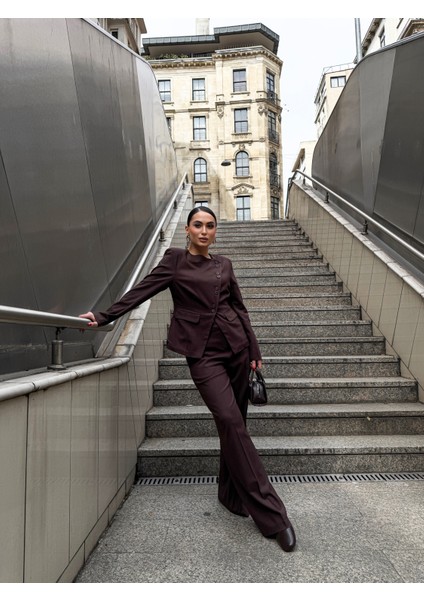 Kadın Poliviskon Asimetrik Düğmeli Vatkalı Ceket Pantolon Takım