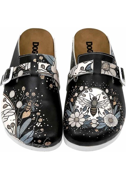 Kadın Vegan Deri Siyah Terlik - Bee With Flowers Tasarım