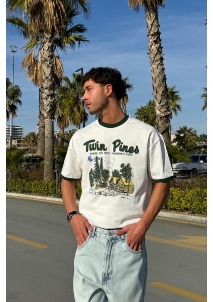 Twin Pines Baskılı Ekru Oversize Tişört