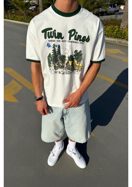Twin Pines Baskılı Ekru Oversize Tişört