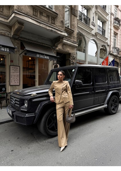 Kadın Poliviskon Asimetrik Düğmeli Vatkalı Ceket Pantolon Takım