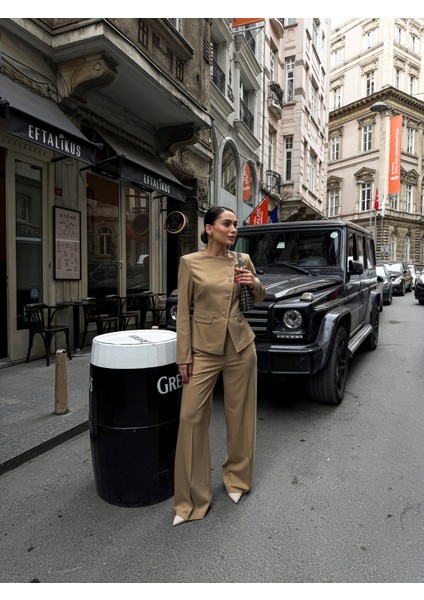 Kadın Poliviskon Asimetrik Düğmeli Vatkalı Ceket Pantolon Takım fırsatları