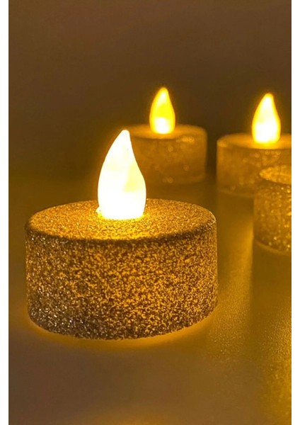 Dekoratif 4 Adet LED Tealight Mum Alev Efektli LED Işıklı Mum Dekor Alevsiz Mum Altın Renk