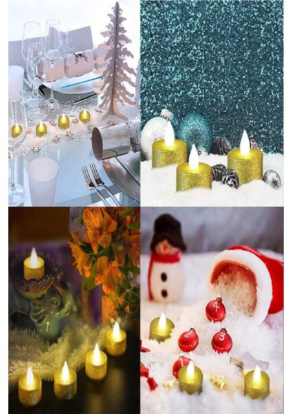 Dekoratif 4 Adet LED Tealight Mum Alev Efektli LED Işıklı Mum Dekor Alevsiz Mum Altın Renk