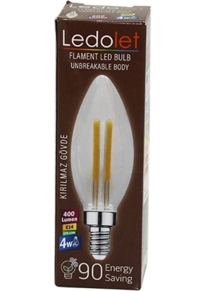 Ledolet 4W=45W - E14 Mum Flament LED Rustik Ampul 400LUMEN - 3000K Kırılmaz Gövde (4887)