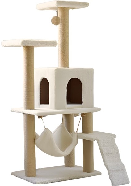 B-07 Hamaklı Yuvalı Lüx Kedi Tırmalama Oyun Evi Beyaz