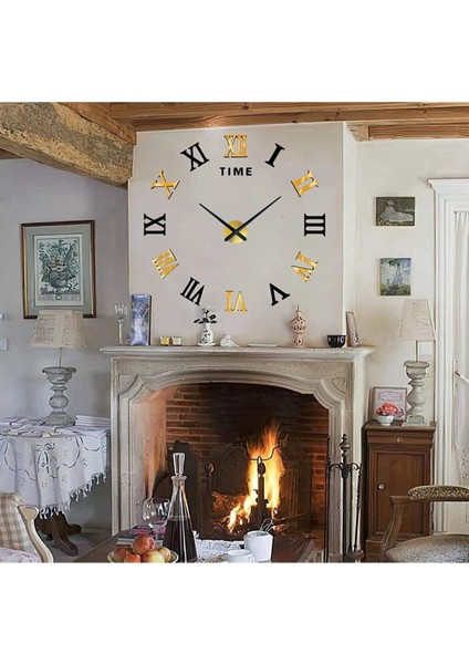 3D Duvar Saati Roma Gold-Ahşap Siyah Modern Romen Rakamlı Duvar Saati Dev Boy 10CM Rkmlr