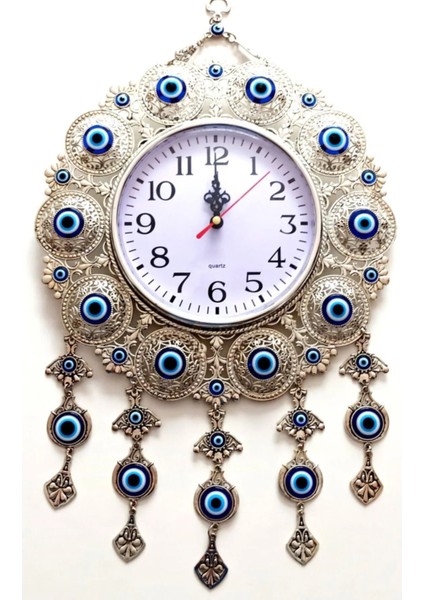 Nazar Boncuklu Gümüş Kaplama Solmaz Kararmaz Duvar Saati Hediyelik