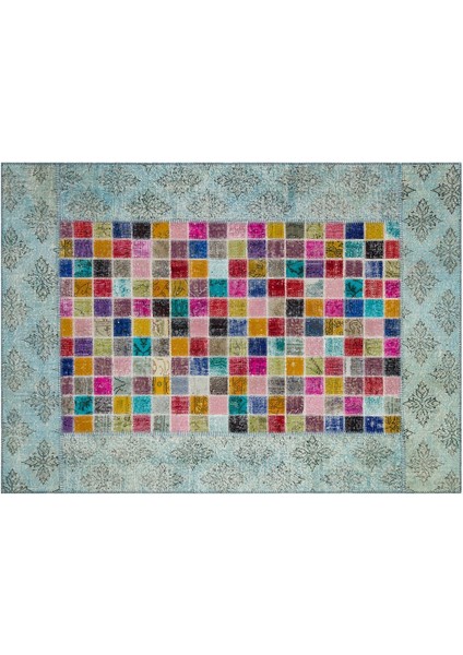 Modern El Dokuma Patchwork Halı Mozaik Detaylı Açık Mavi 4 m2 Ölçü;170 x 240