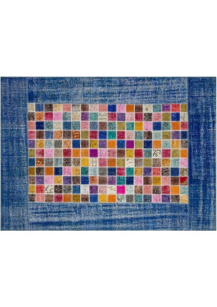 Modern El Dokuma Patchwork Halı Mozaik Detaylı Mavi 4 m2 Ölçü;170 x 240