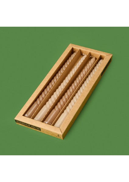 4'lü Burgulu Parlak Şamdan Mumu - Kahverengi / Bej - 25 cm