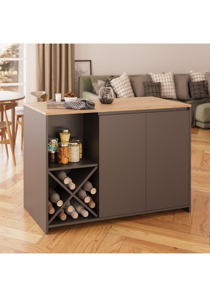 Vino L5120 Mutfak Adası 127 cm Sepet Ahşap Üst Antrasit Alt Şaraplık Oturmalı Depolamalı Çok Amaçlı Masa