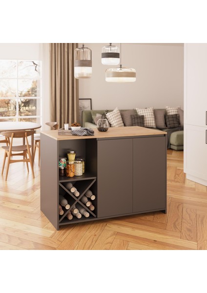 Vino L5120 Mutfak Adası 127 cm Sepet Ahşap Üst Antrasit Alt Şaraplık Oturmalı Depolamalı Çok Amaçlı Masa