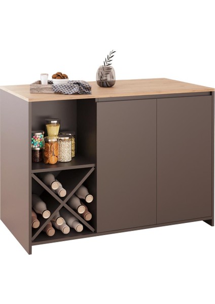 Vino L5120 Mutfak Adası 127 cm Sepet Ahşap Üst Antrasit Alt Şaraplık Oturmalı Depolamalı Çok Amaçlı Masa