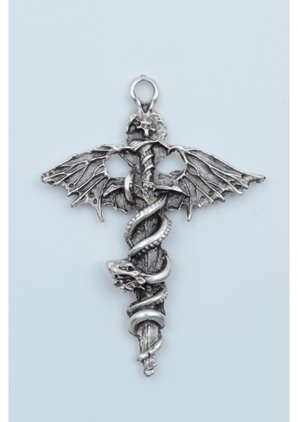 Kılıç Yılan Yarasa Kolye Ucu - Antik Gümüş Kaplama - Kod:22