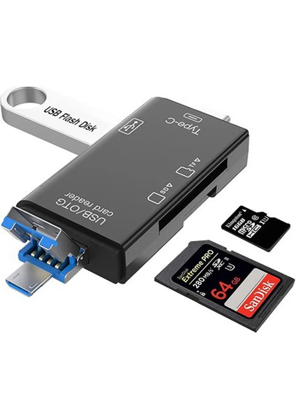 FXN-826 6in1 Pc Telefon Type C To Mikro USB Taşınabilir Sd Tf Hafıza Kart Okuyucu Otg Çevirici