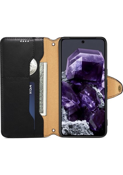 Google Pixel 8 Sığır Derisi Dokulu Deri Standlı Telefon Kapağı (Yurt Dışından)