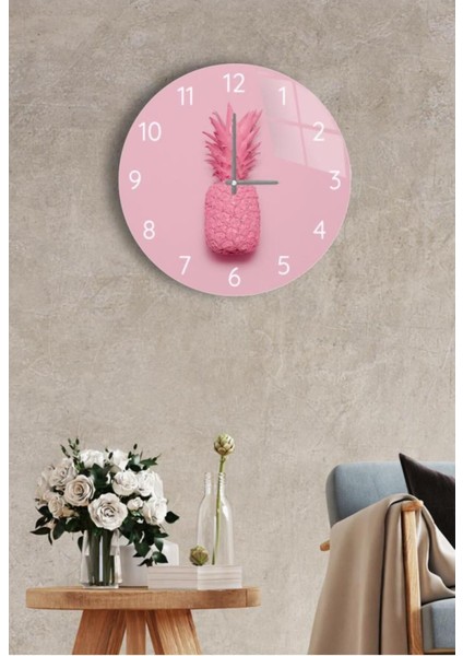 Çap 37 cm Pembe Ananas Dekoratif Cam Saat