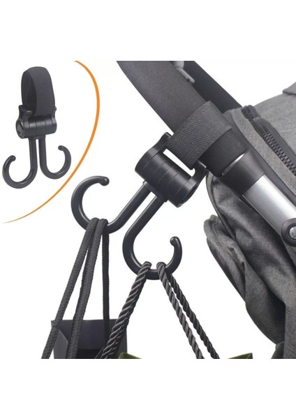 2li Bebek Arabasına Uyumlu Cırtlı Eşya Taşıma Aparatı 360 Derece Dönebilen Plastik Kanca