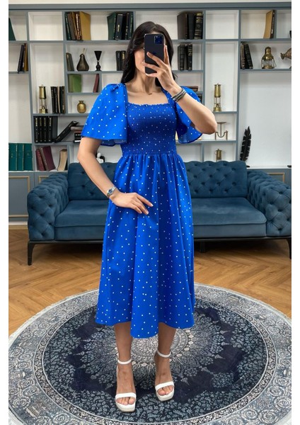 Saks Desenli Belden Lastikli Midi Elbise - MG2101