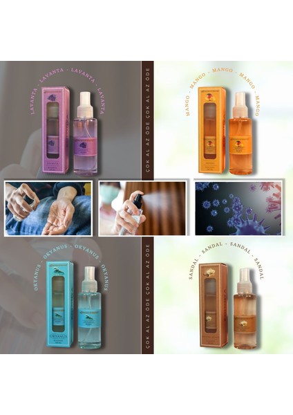 4'lü Sprey Kolonya Set 100 ml Lavanta-Mango-Okyanus-Sandal