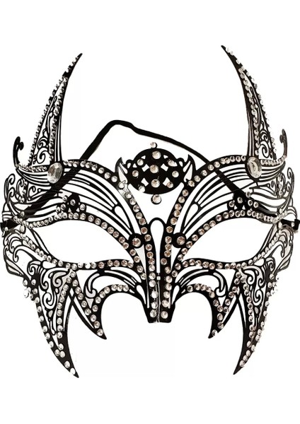 Siyah Renk Lazer Kesim Üzeri Kristal Taşlı Metal Lüks Maske Balo Parti