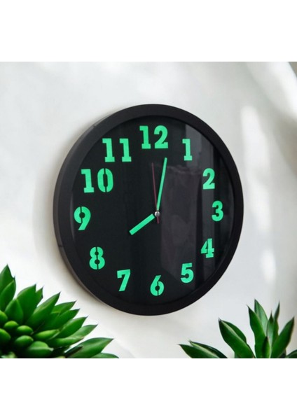 Fosforlu Gece Karanlıkta Parlayan Siyah Duvar Saati Çap 30 cm Plastik
