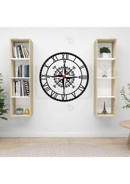 Dekoratif Roma Rakamlı Sessiz Siyah Metal Duvar Saati Pusula Temalı indirimleri