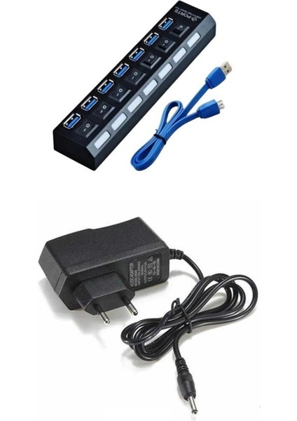 USB 3.0 7 Port Hub - Switch Kontrollü ve Hızlı Bağlantı 5 Volt Adaptör Dahil