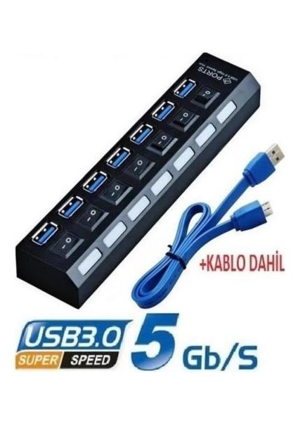 USB 3.0 7 Port Hub - Switch Kontrollü ve Hızlı Bağlantı 5 Volt Adaptör Dahil fiyatları