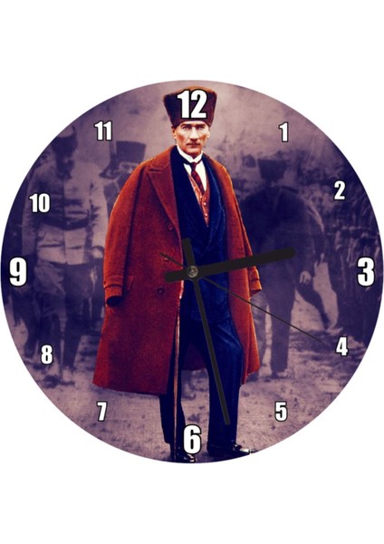 Siyah Beyaz Cephede Renkli Atatürk Duvar Saati (Çap 30X30 Cm)