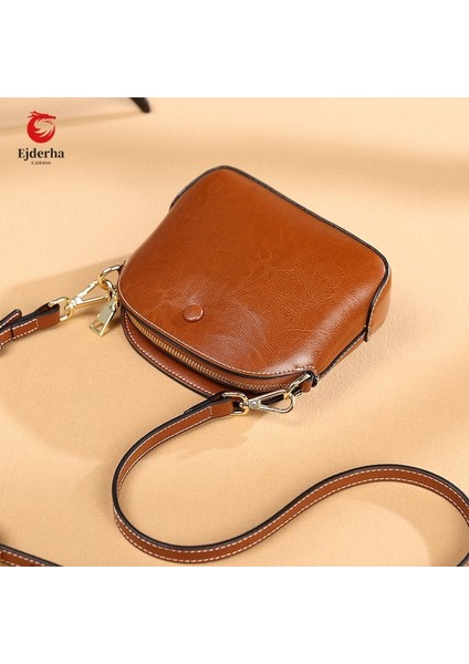 Retro Minimalist Texture Small Shell Bag Large Capa Oil Wax Deri Kadınların Çantası Texture Single Shoulder Crossbody (Yurt Dışından)