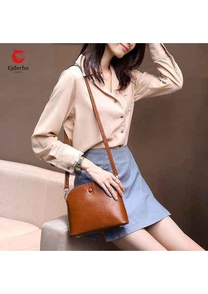 Retro Minimalist Texture Small Shell Bag Large Capa Oil Wax Deri Kadınların Çantası Texture Single Shoulder Crossbody (Yurt Dışından)