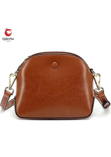 Retro Minimalist Texture Small Shell Bag Large Capa Oil Wax Deri Kadınların Çantası Texture Single Shoulder Crossbody (Yurt Dışından)