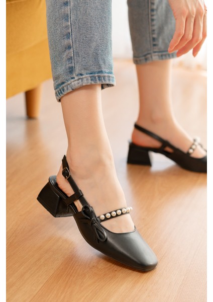 Melody Siyah Fiyonklu Inci Detaylı (4 cm Topuklu ) Yuvarlak Burunlu Günlük Kullanım Ayakkabı fırsatları