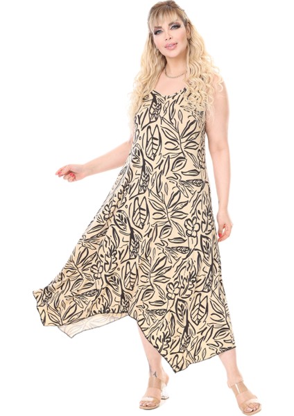 Butik Askılı V Yaka Bej Yaprak Desen Elbise