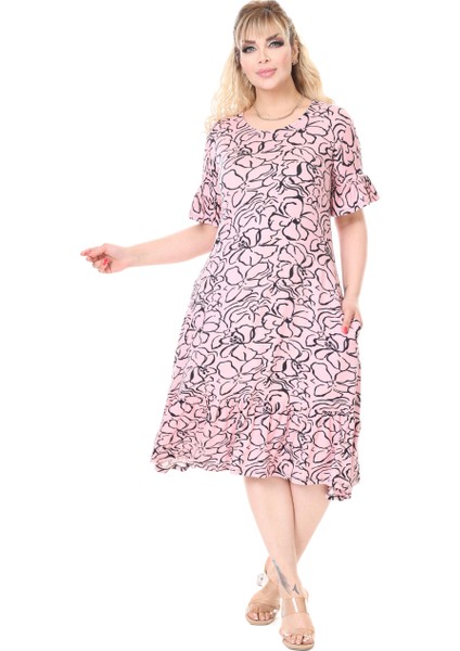 Butik Kadın Büyük Beden Inci Pembesi Çiçek Desen Cepli Elbise