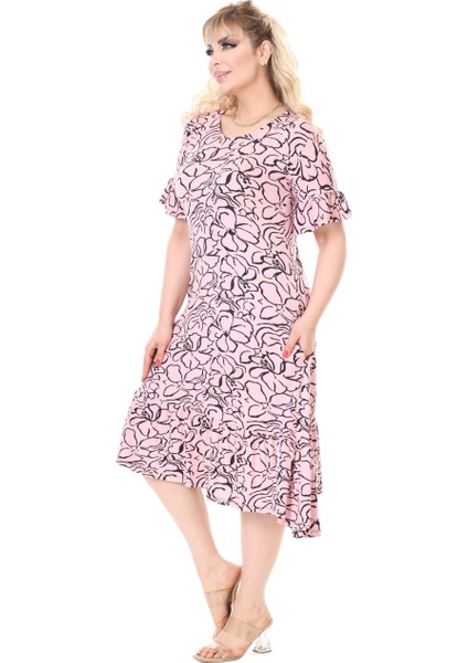 Butik Kadın Büyük Beden Inci Pembesi Çiçek Desen Cepli Elbise fiyatları