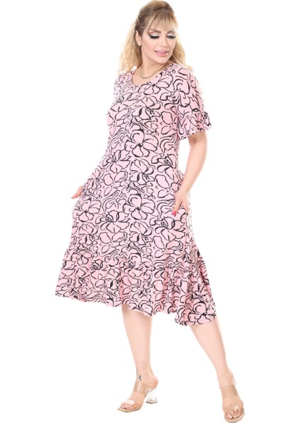 Butik Kadın Büyük Beden Inci Pembesi Çiçek Desen Cepli Elbise modelleri