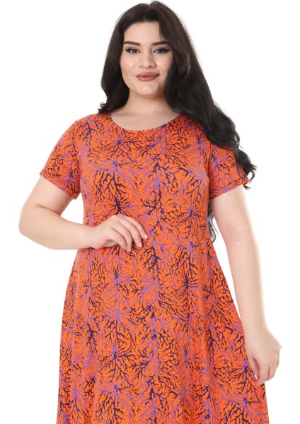 Butik Turuncu Ince Mercan Desen Asimetrik Kısa Kollu Elbise