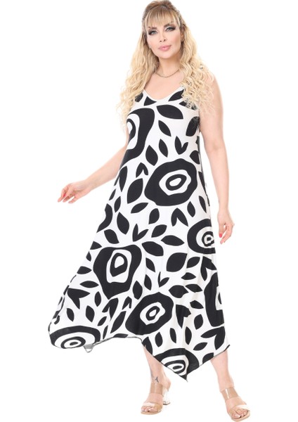 Butik Askılı V Yaka Beyaz Nazar Desen Elbise