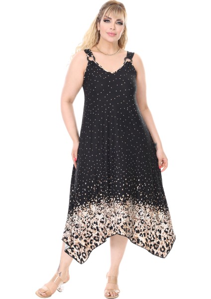 Butik Askılı V Yaka Siyah Puanlı Eteği Leopar Desen Elbise