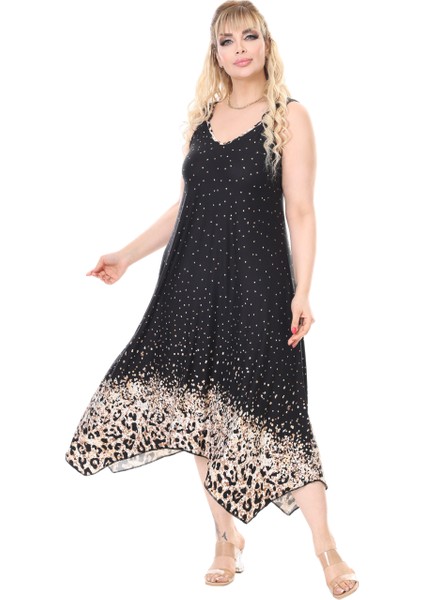 Butik Askılı V Yaka Siyah Puanlı Eteği Leopar Desen Elbise