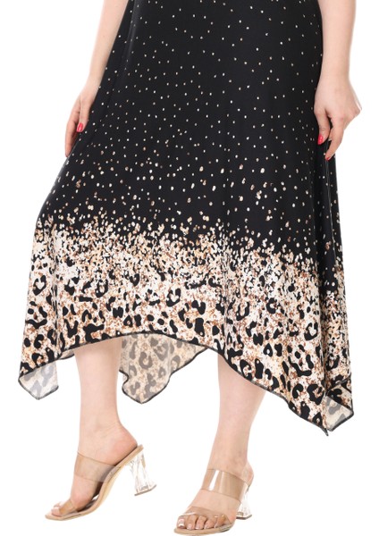 Butik Askılı V Yaka Siyah Puanlı Eteği Leopar Desen Elbise