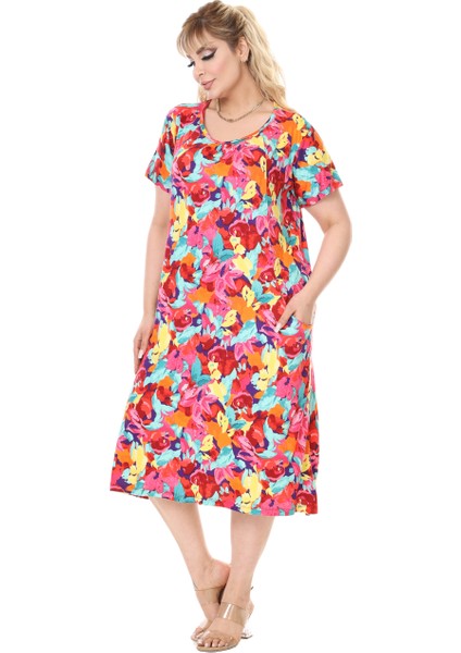 Butik Sarı Gül Desen Kuplu Cepli Kısa Kol Kadın Midi Elbise fırsatları