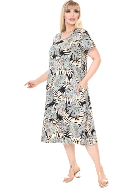 Butik Yeşil Beyaz Tropik Desen Kuplu Cepli Kısa Kol Kadın Midi Elbise fiyatları