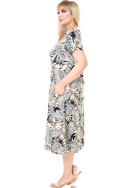 Butik Yeşil Beyaz Tropik Desen Kuplu Cepli Kısa Kol Kadın Midi Elbise fırsatları