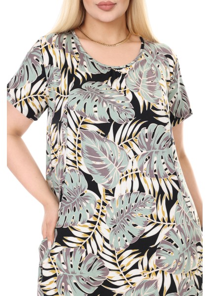 Butik Yeşil Beyaz Tropik Desen Kuplu Cepli Kısa Kol Kadın Midi Elbise indirimleri